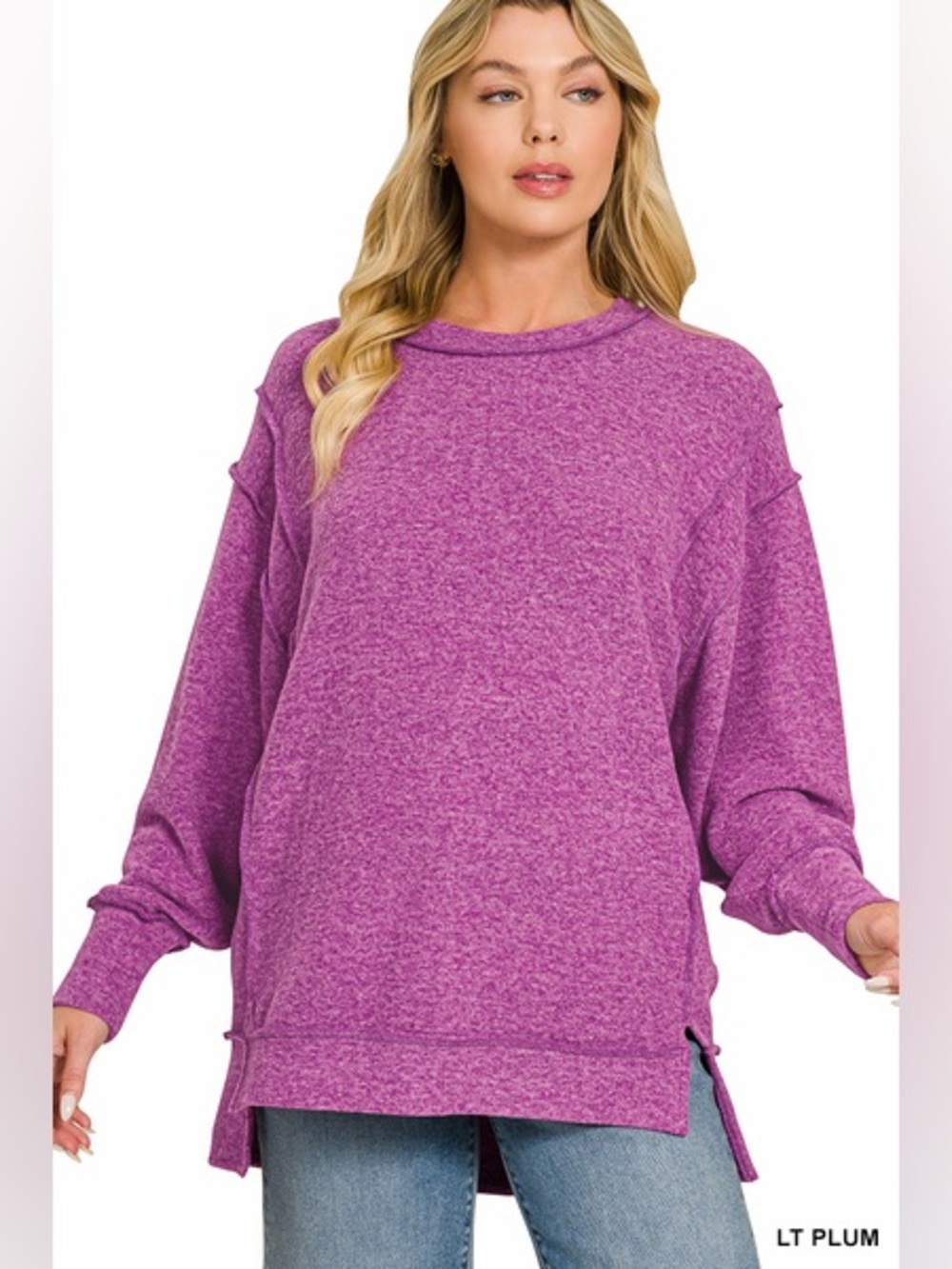 Zenana Plum BRUSHED MELANGE HACCI OVERSIZED EXPOSED-SEAM SWEATER WITH SIDE SLITS